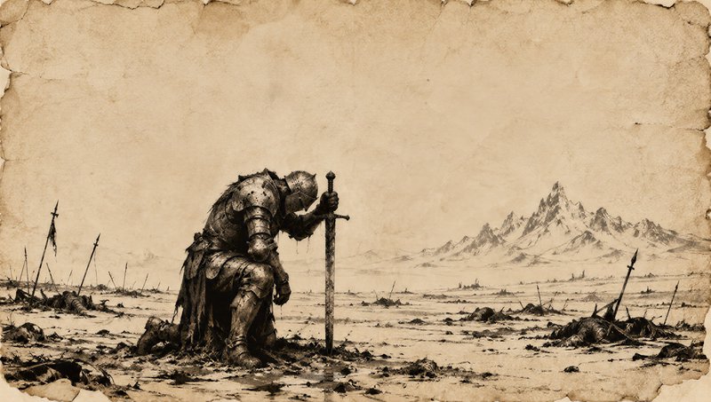 Weary armored knight kneels leaning on his sword on a desolate post-battle battlefield, aged parc...