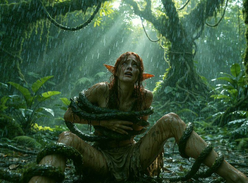 Distressed red-haired elf woman bound by mossy vines sits trapped in a rainy sun-dappled jungle