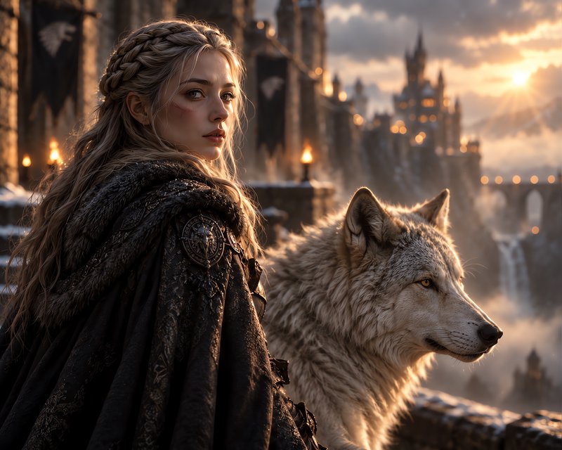 Nordic fantasy queen stands beside a large white dire wolf on a snowy castle battlement at golden sunset