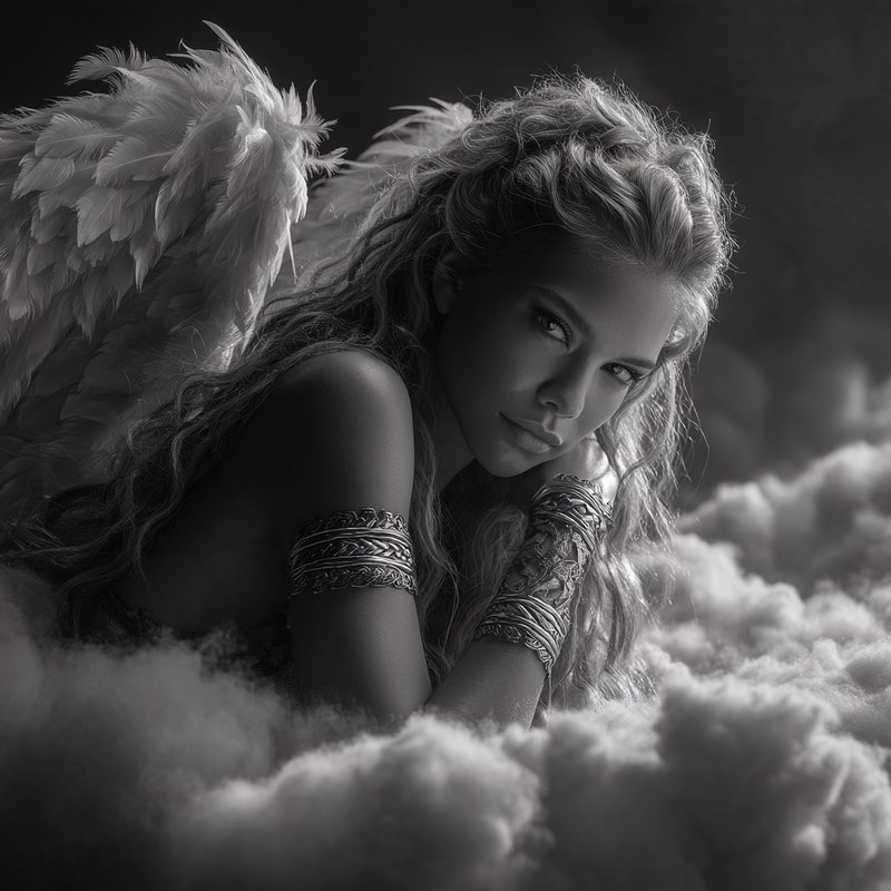 Ethereal winged angel resting on fluffy clouds gazing calmly at the viewer