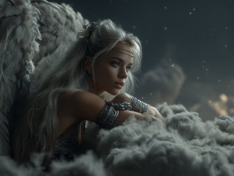 Ethereal silver-haired winged angel rests among fluffy clouds under a starry night sky