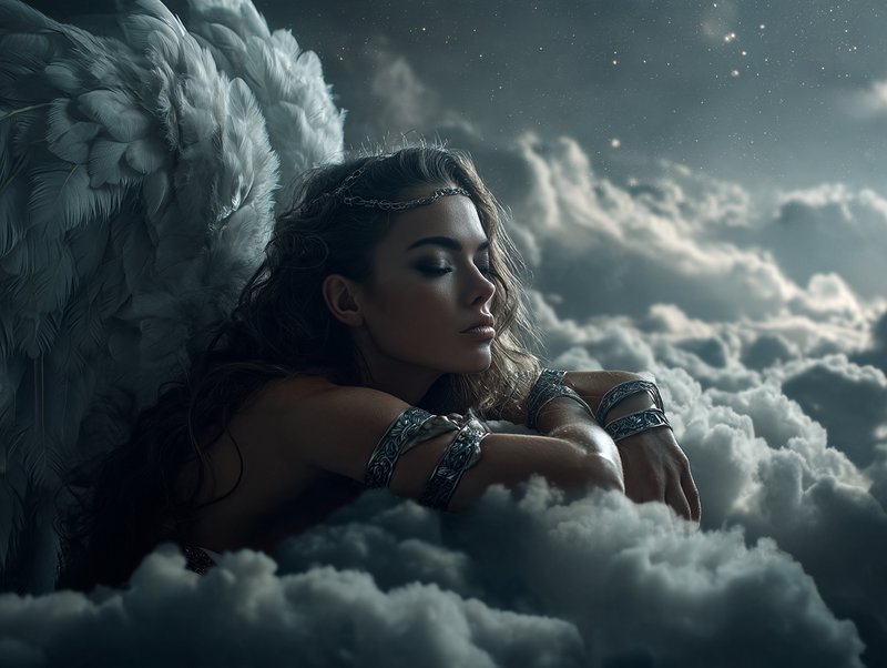 Ethereal winged female angel rests with closed eyes atop fluffy clouds under a starry night sky