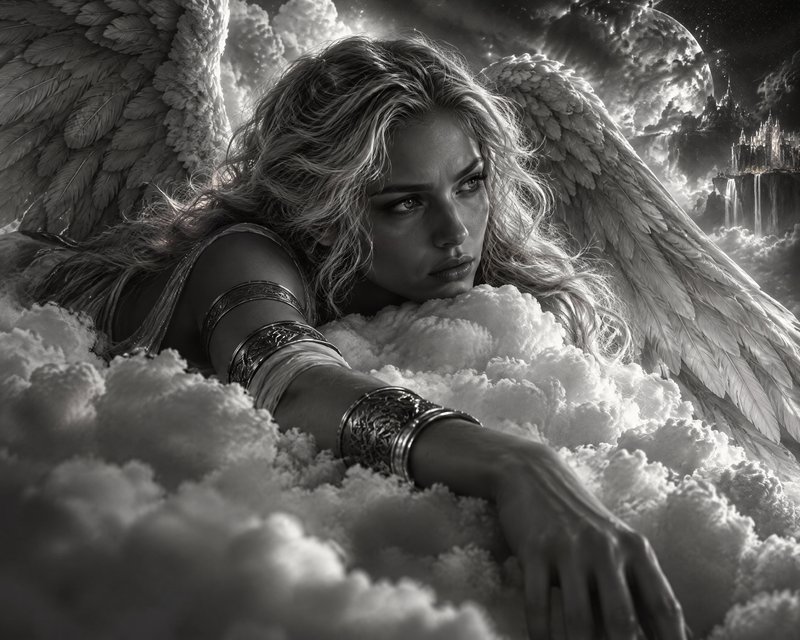 Pensive winged angel resting on fluffy clouds with a celestial sky and distant castle in the background