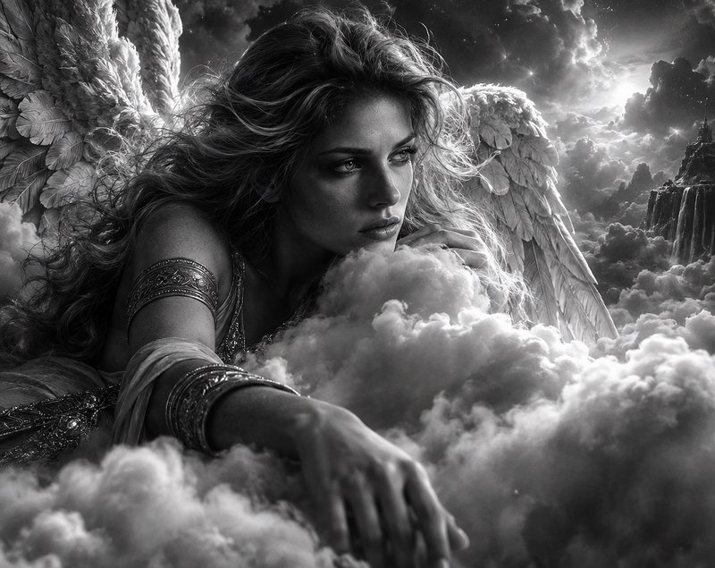 Pensive winged guardian angel resting among billowing clouds above a heavenly landscape