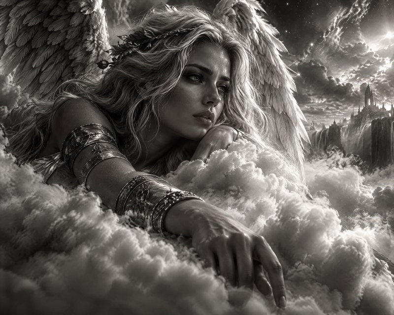 Pensive winged female angel rests on fluffy clouds overlooking a distant celestial fantasy castle
