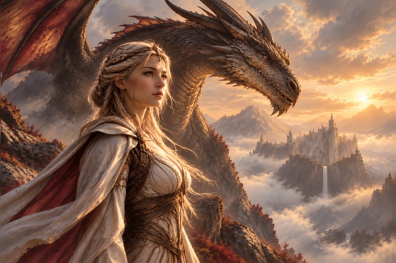 Blonde fantasy queen stands beside a large dragon overlooking a cliffside castle at golden sunset