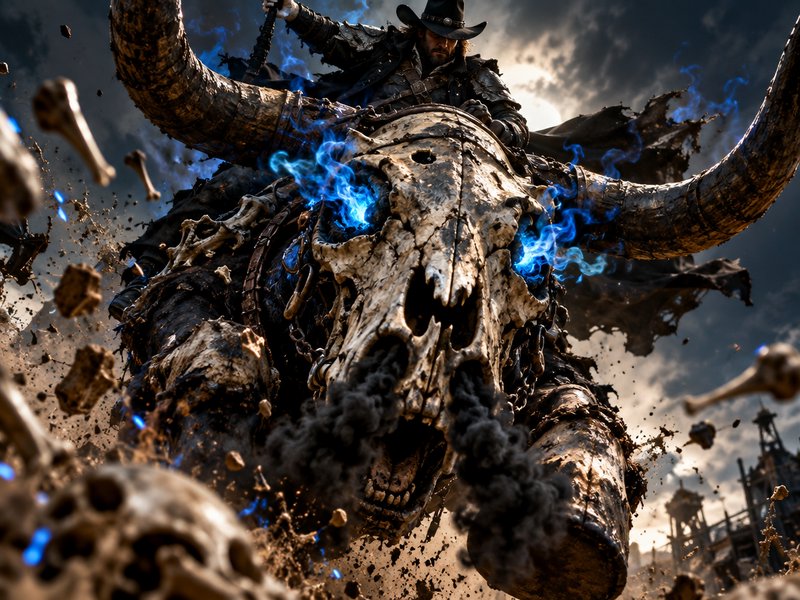 Dark fantasy cowboy riding a giant horned undead bull mount with glowing blue flame eyes charging...