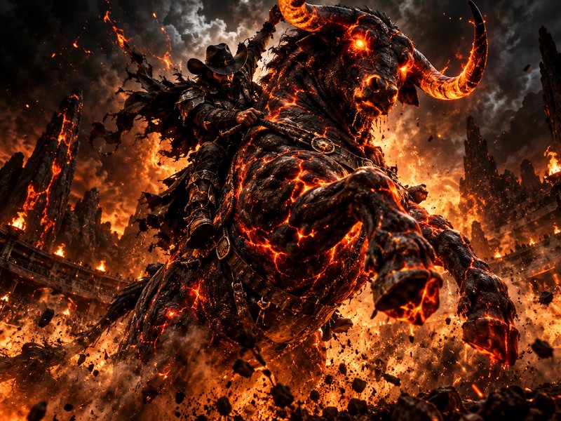 Armored cowboy rides a glowing lava minotaur charging through a fiery hellish arena