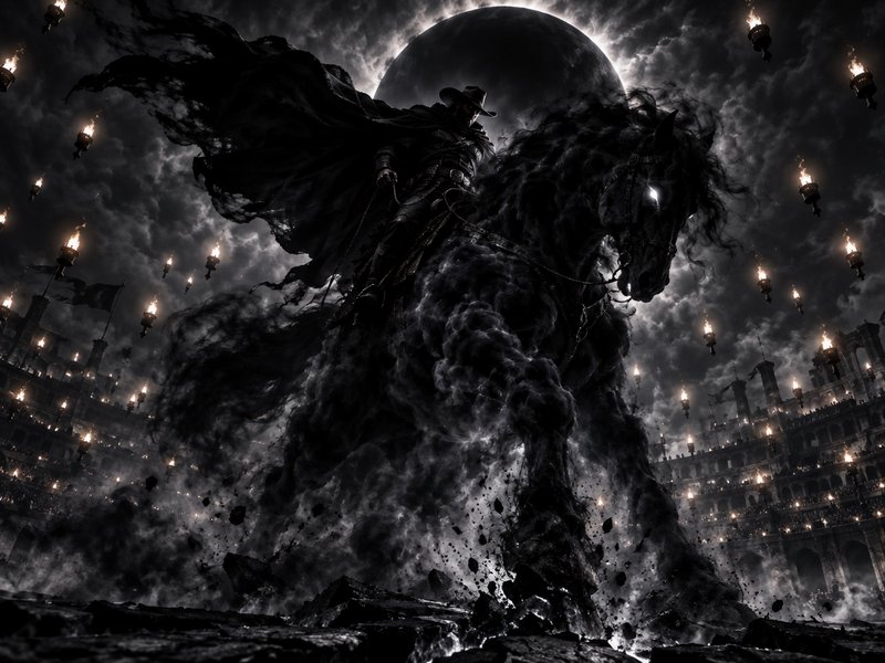 Cloaked spectral rider on a shadow horse stands beneath an eclipsed sky in a torch-lit ancient coliseum