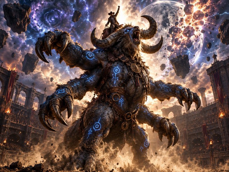 Cowboy rider atop a rune-covered multi-armed horned minotaur in a cosmic coliseum