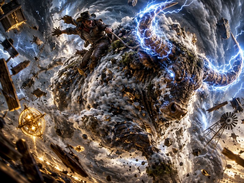 Rugged cowboy riding a giant lightning-wreathed elemental bull through a swirling storm vortex