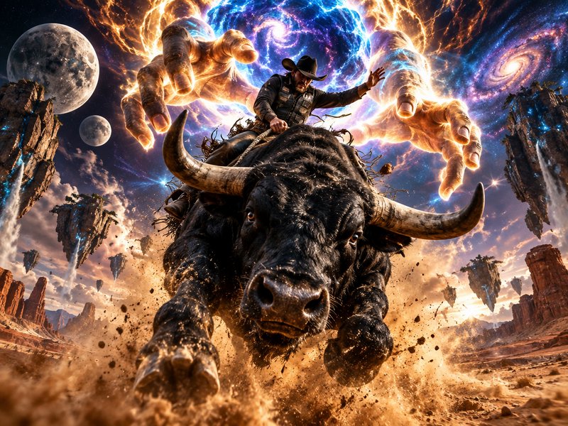 Cowboy rides a charging longhorn bull as giant glowing cosmic hands reach toward him above a surr...
