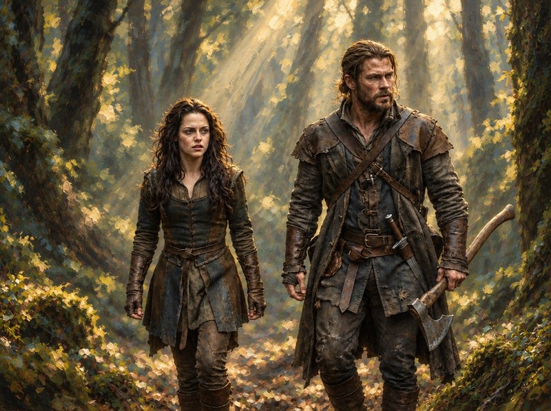 Determined medieval warrior couple walk together through a sun-dappled ancient forest, the man ca...