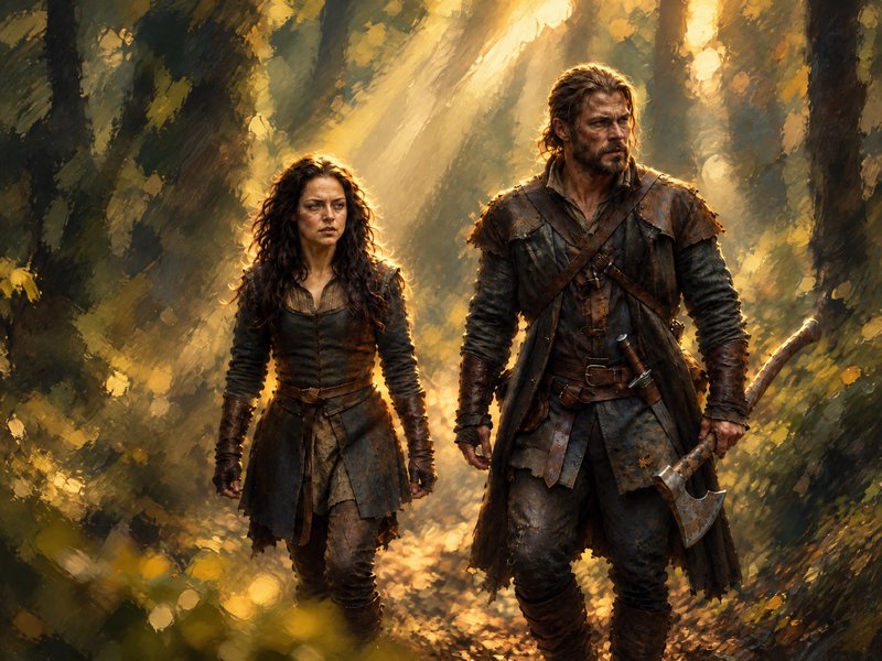 Stoic medieval adventurer couple walks through a sunbeamed old forest, the man carrying a battle axe.