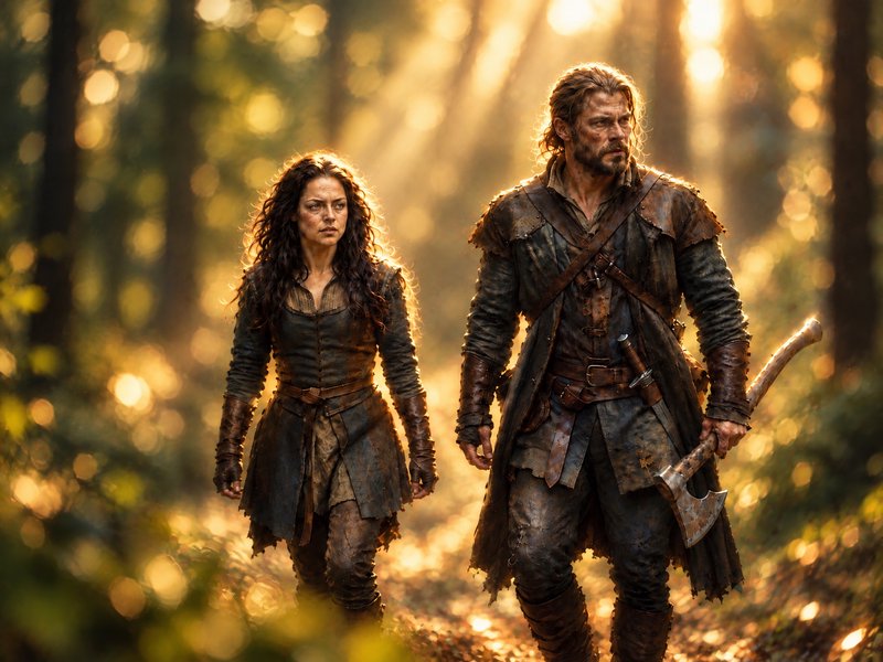 Two rugged medieval adventurers walk side by side along a sun dappled forest path