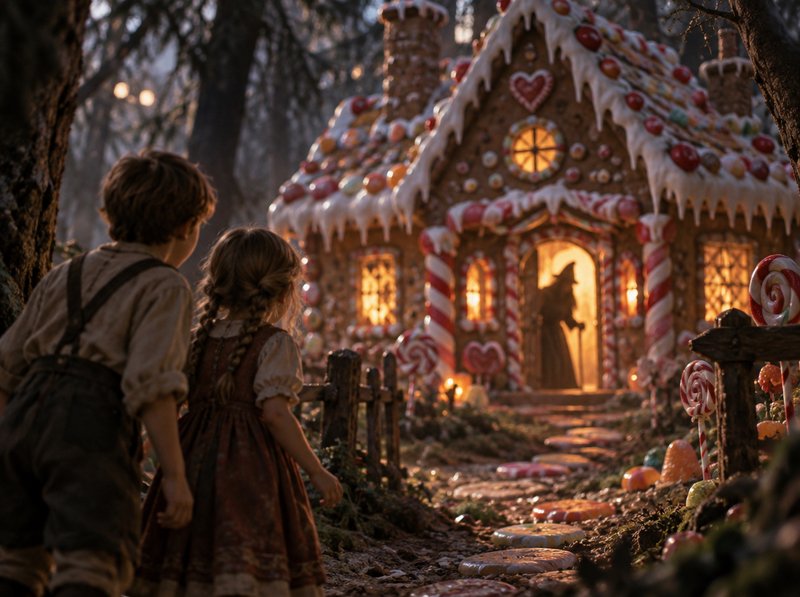 Hansel and Gretel stand before a glowing candy gingerbread house as a witch waits in the misty forest