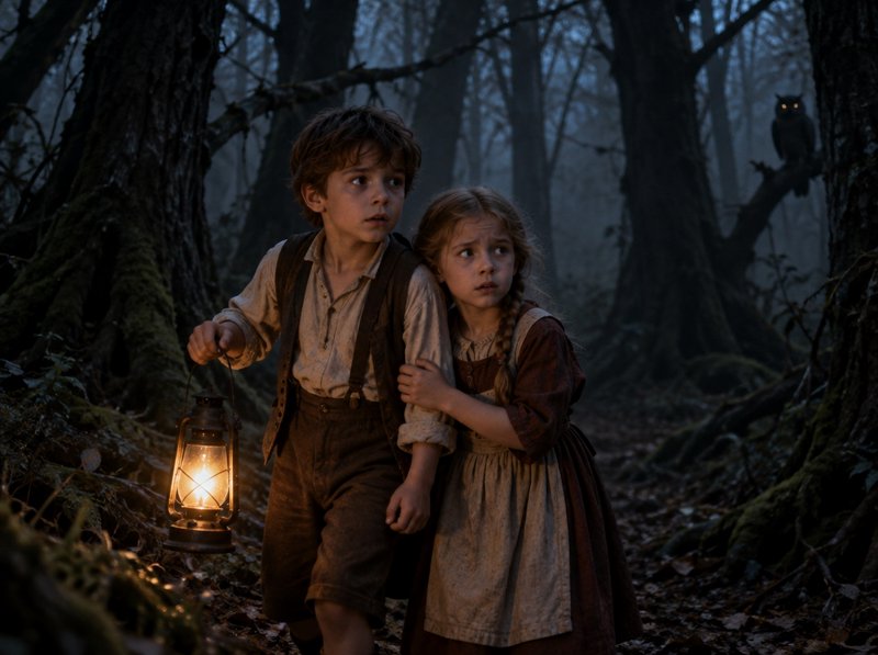 Scared young Hansel and Gretel carry a glowing lantern while wandering through a dark misty old g...