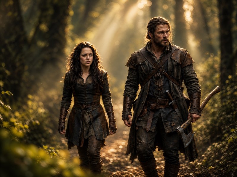 Rugged medieval warrior couple walk a sun-dappled forest path, the man carrying a steel battle axe.