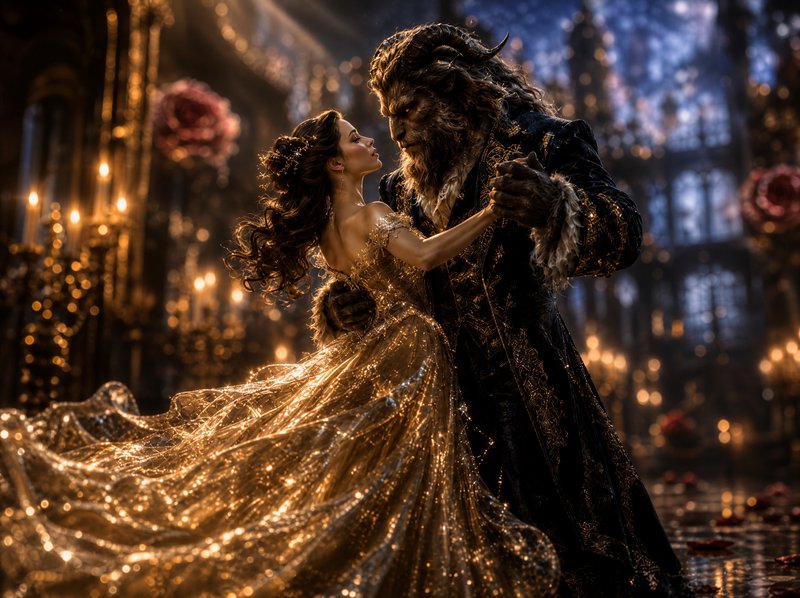 Beauty and the Beast share an intimate waltz in a glowing candlelit grand castle ballroom