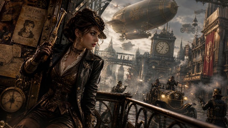 Armed steampunk woman holds a brass rifle overlooking a foggy retro-futuristic city with airships and street conflict