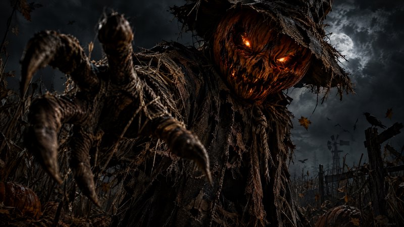 Evil pumpkin-headed scarecrow reaches out with clawed hands under a full moon on a spooky Halloween night