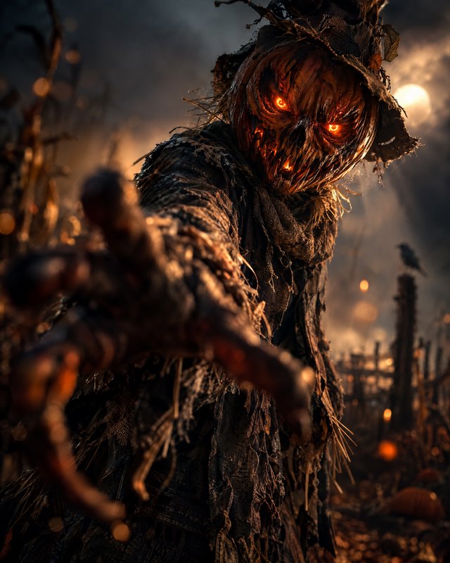 Menacing jack-o'-lantern scarecrow reaches toward the viewer in a foggy moonlit cornfield