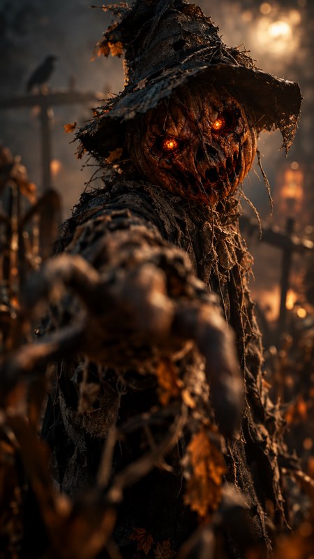 Menacing pumpkin-headed scarecrow with glowing eyes reaches toward the viewer in a foggy moonlit ...