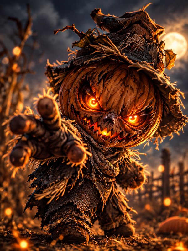 Spooky jack-o'-lantern scarecrow with glowing orange eyes reaches out toward the viewer under a f...