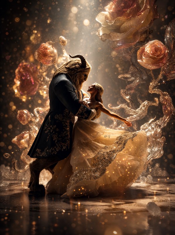Belle and the Beast share a romantic ballroom dance surrounded by glowing enchanted crystal roses
