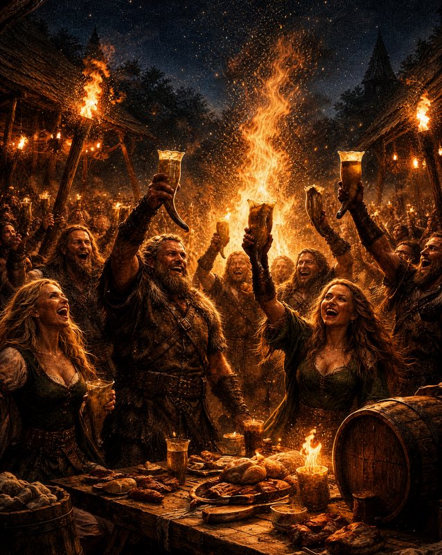 Viking revelers raise drinking horns in a joyful toast around a bonfire at a nighttime medieval f...
