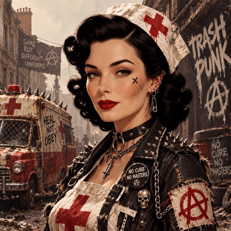 Retro pinup punk nurse stands in a gritty graffiti-covered post-apocalyptic city street