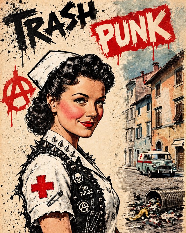 Retro pinup punk nurse stands below dripping Trash Punk graffiti on a grungy vintage comic poster