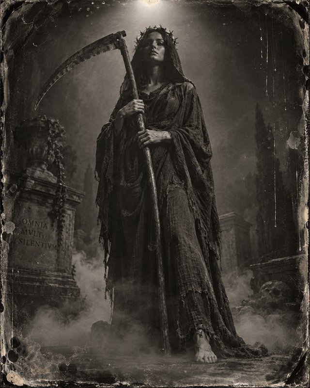 Female personification of death holding a scythe stands in a misty fog-shrouded graveyard