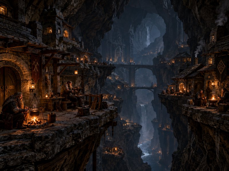 Dwarven underground cave stronghold carved into cliff sides with campfires, stone bridges and cascading waterfalls