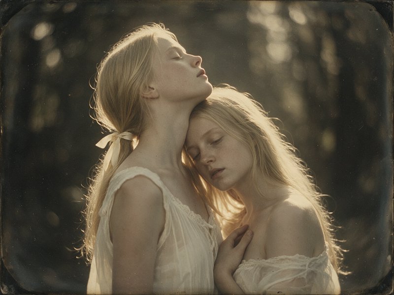 Two blonde young women in delicate vintage dresses rest tenderly together in sunlit forest
