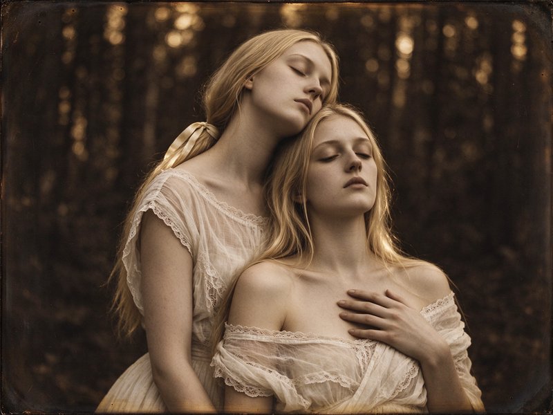 Two serene young blonde women in sheer lace gowns rest with closed eyes leaning together in a sun dappled forest