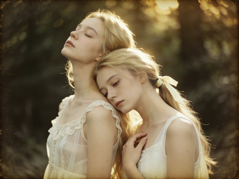 Two young blonde women in lace dresses stand close, eyes closed, backlit by golden forest sunlight