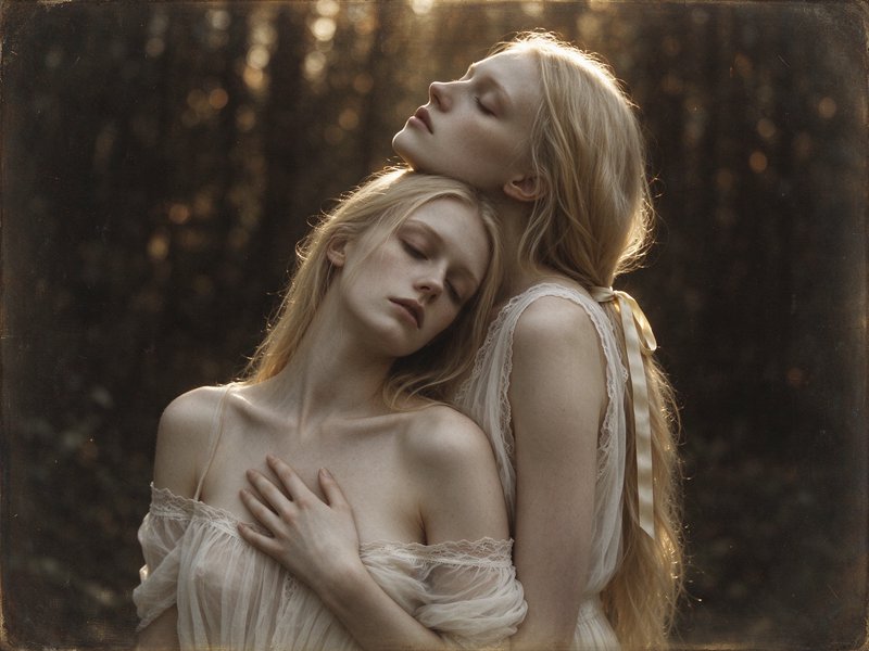 Two pale blonde women in sheer lace dresses lean together eyes closed in a sun dappled dark forest