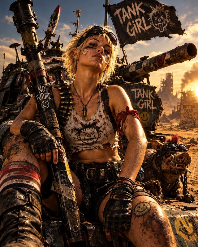 Grungy Tank Girl sits on her modified battle tank holding a rifle, post-apocalyptic desert sunset behind her.