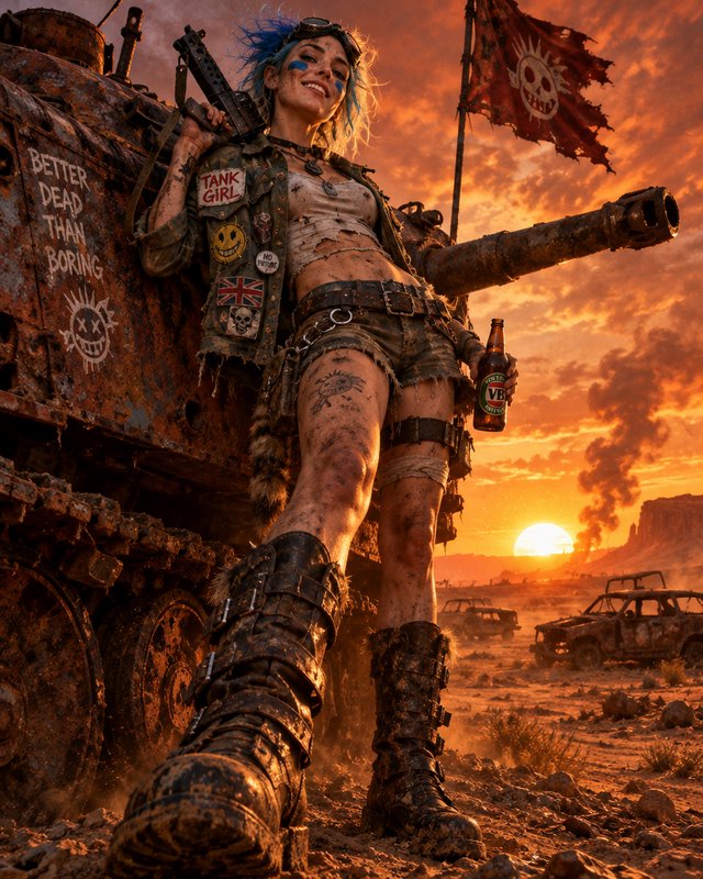 Grinning blue-haired punk tank girl leans against a rusted battle tank in a desert at fiery sunset