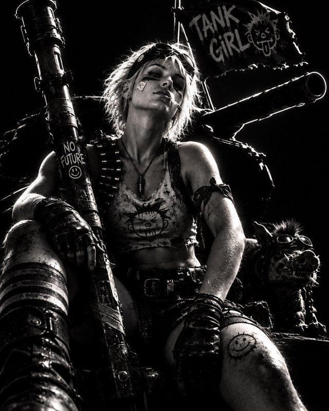 Low angle monochrome portrait of Tank Girl holding a heavy rifle, with her tank and war pig companion behind her