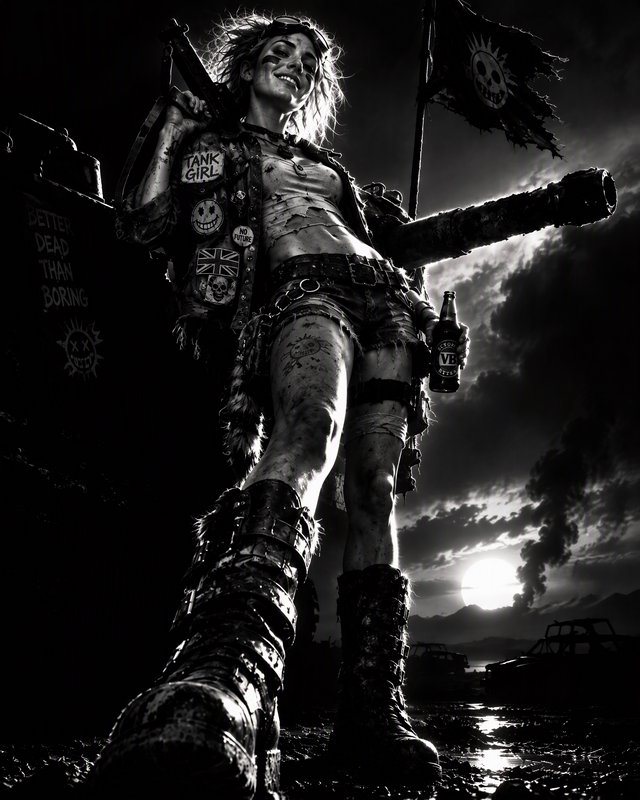 Low angle black and white portrait of Tank Girl standing by her tank in a post apocalyptic wasteland at sunset