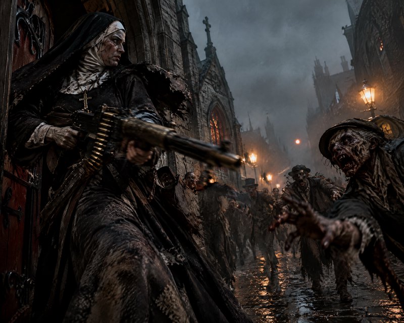 Armed warrior nun defends a gothic church entrance from an advancing zombie horde