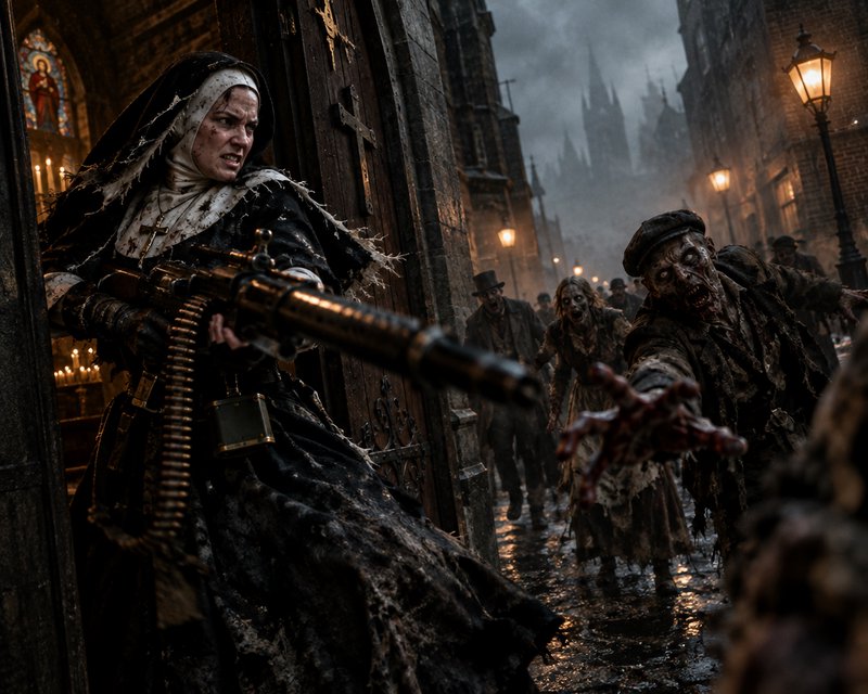 Fierce tattered nun aims a heavy machine gun at an advancing horde of zombies from a church doorway
