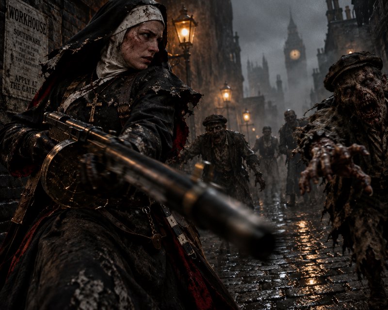 Battle-worn nun wielding a submachine gun fends off approaching zombies on a foggy Victorian London street