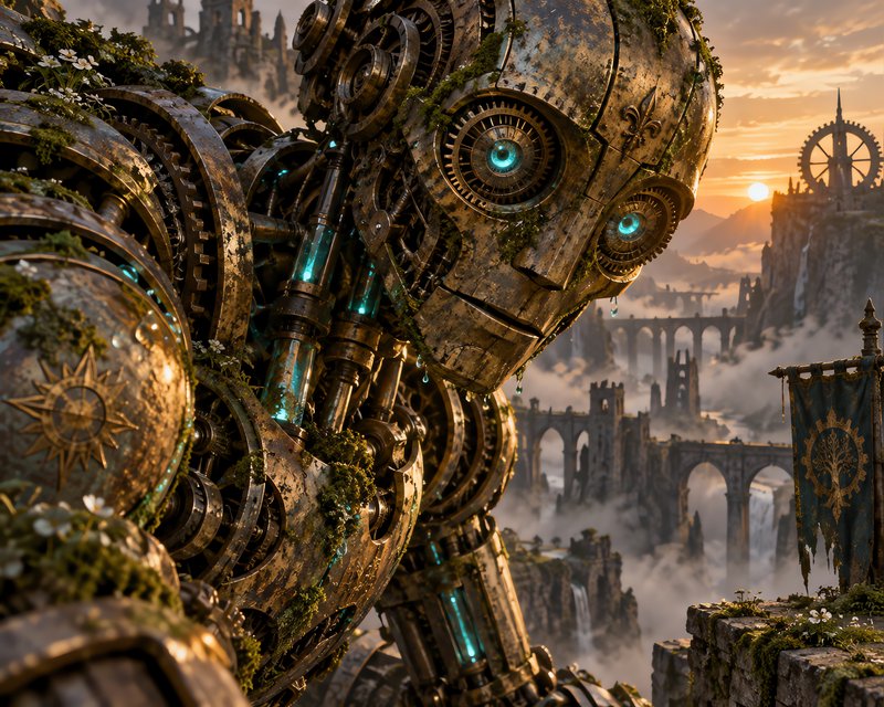 Moss-covered ancient steampunk giant robot looms over misty fantasy castle ruins at golden sunset