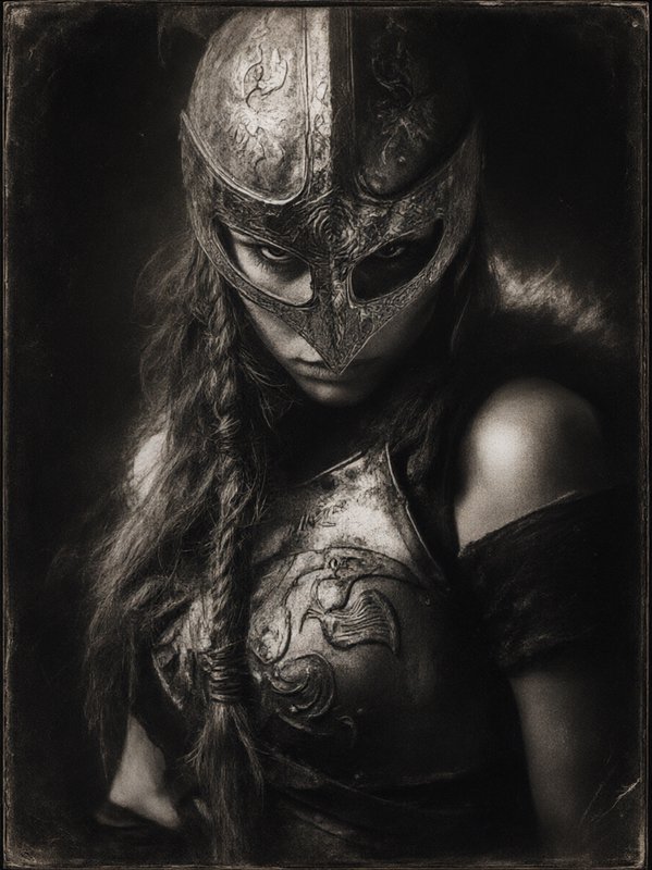 Fierce female viking shieldmaiden in engraved metal helmet stares intensely in moody monochrome portrait