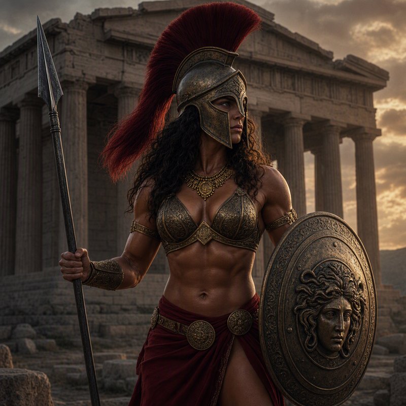 Muscular Athenian warrior holds a spear and Medusa shield standing before an ancient Greek temple at sunset