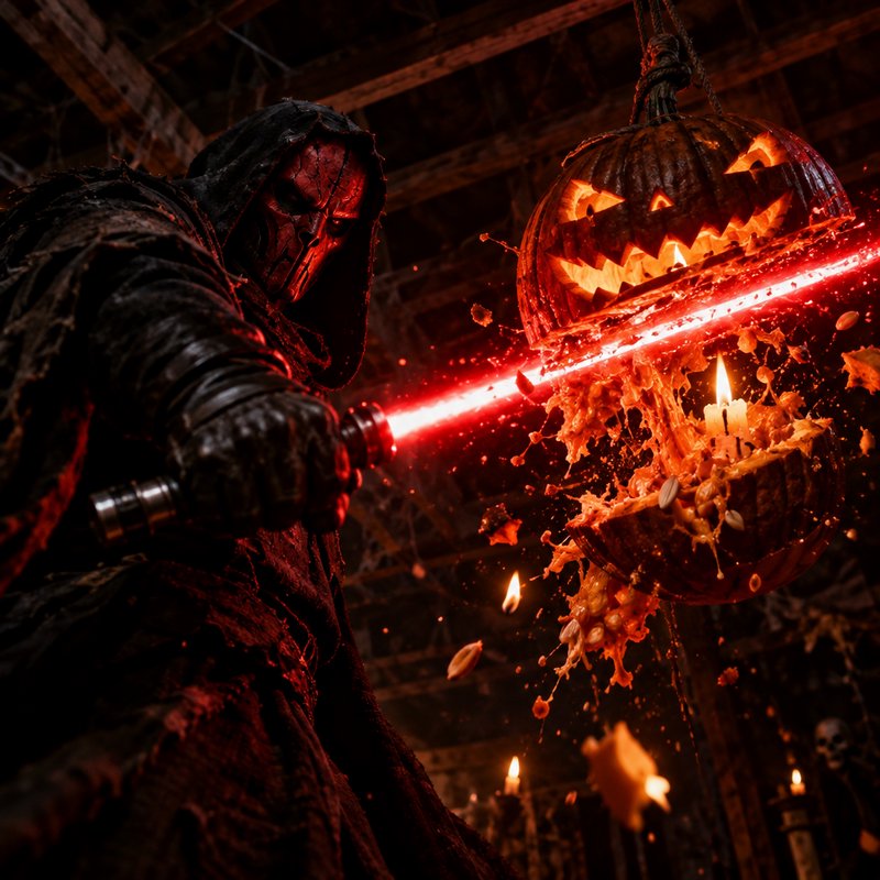 Hooded robed figure slices a hanging lit jack-o'-lantern with a glowing red lightsaber in a spooky attic