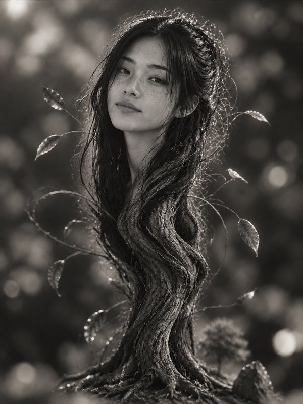Surreal monochrome portrait of a dryad woman merged with a gnarled tree trunk in a blurred forest setting